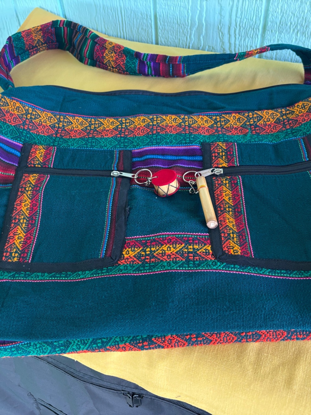Teal Woven Shoulder Bag with Colorful Artisan Detail